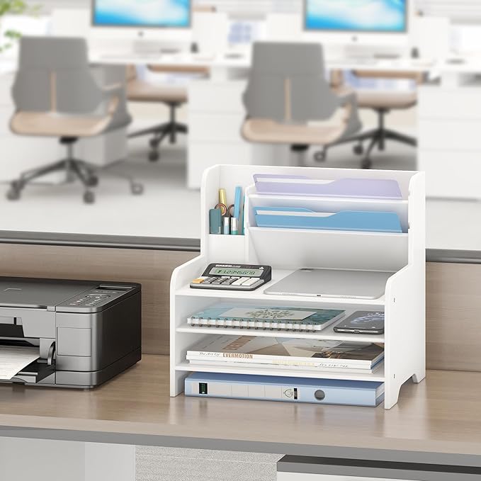 Desk File Organizer - 6-Tier Desktop Mail Letter Tray Paper Document Organizer with Pen Holder for Home Office Supplies, Office Desk Accessories & Workspace (White)