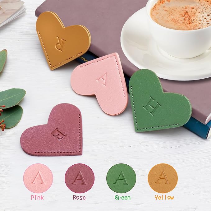 Personalized Initial Leather Heart Bookmark,Cute Corner Page Marker,Reading Accessories for Teachers Students Kids Book Lovers Women Gift,for School Office Home Supplies (T(4 Pcs))