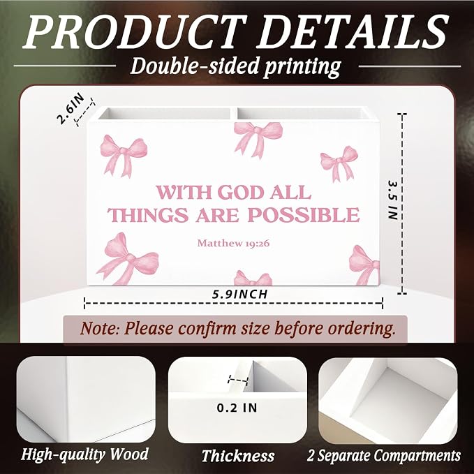Christian Pen Pencil Holder for Desk Pink Bow Christian Gifts for Women Girls, Preppy Bible Verse Pencil Holders Wooden Box Organizer for Girls Room Bedroom Dorm Desk Tabletop