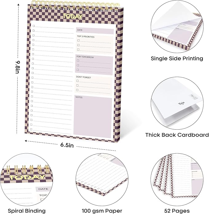 Taja To Do List Notepad - To Do List Notebook for Work with 52 Sheets, 9.8" x 6.5", Undated Daily Planner Perfect for Daily Tasks and Goal Setting, Notepad Suitable for Office, Home & School - Lilac Checkered