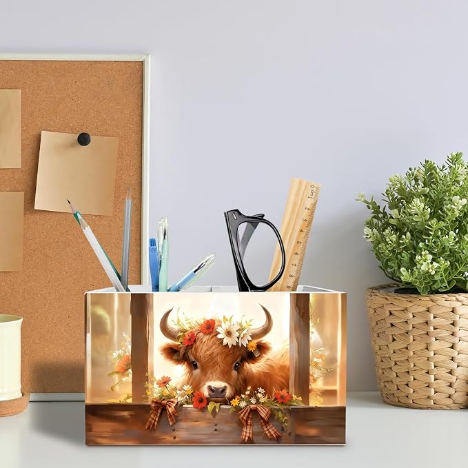 Rustic Floral Highland Cow Pen Holder for Desk, Gifts for Highland Cow Lovers Pencil Organizer, Farmhouse Heifer Wooden Box Sign Desk Decor for Girl Nursery Home Office Decoration