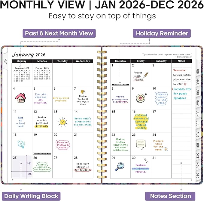 2026 Planner, Weekly and Monthly Calendar Planner Book, January 2026 - December 2026, Hardcover Spiral Planner with Monthly Tabs, Notes Pages, Perfect for Women & Men, A5 (6.4" x 8.5") - Violet