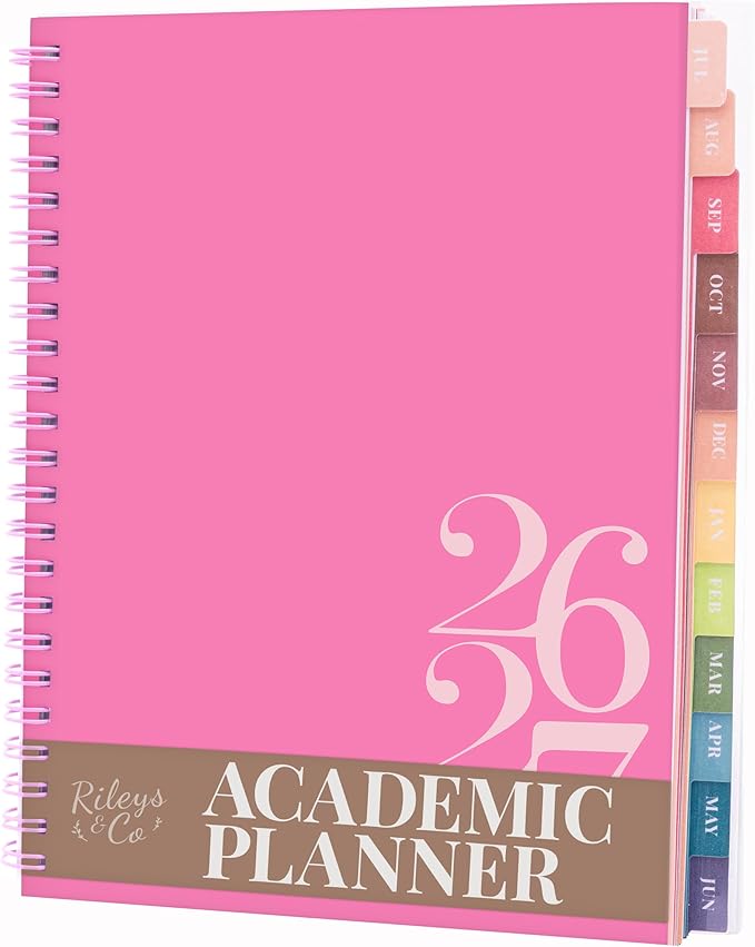 Rileys Academic Planner 2026-2027, Daily, Weekly & Monthly Planner, July 2026 - June 2027, Student Notes Pages, Twin-Wire Binding, Weekly Agenda for School & Work (8 x 6-Inches, Classic, Pink)