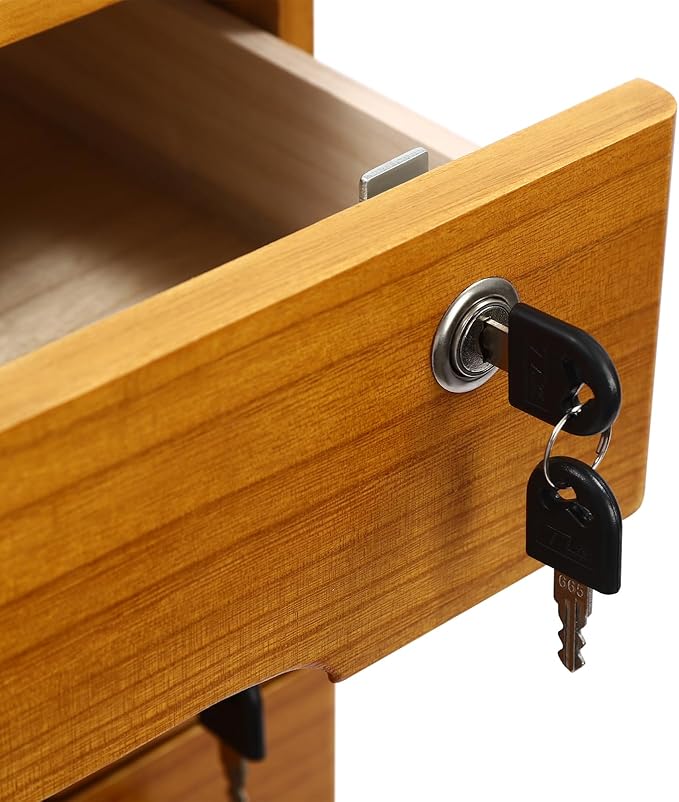 Lockable Desk Organizer Wooden Desktop Drawers Office Flat Files Storage Box Locking Countertop Storage Cabinet (Wood Yellow, 4-Tier)
