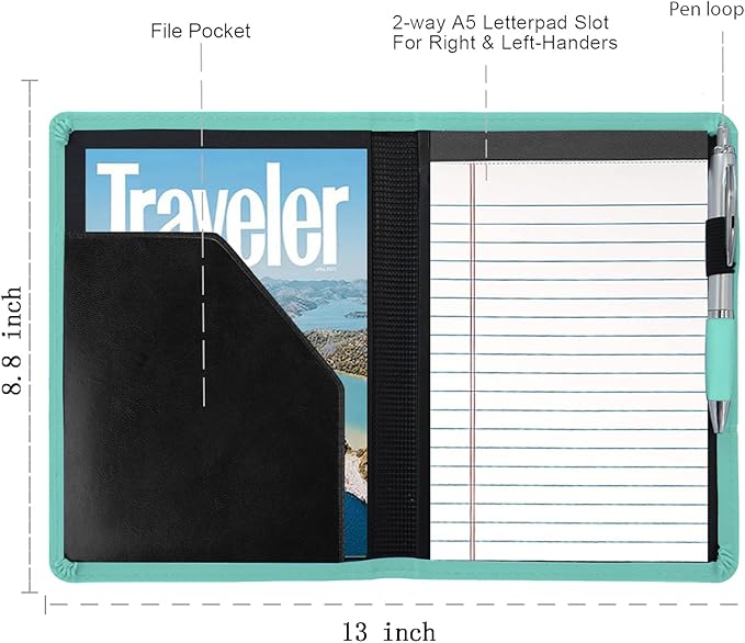 Padfolio/Portfolio Binder, Mini Padfolio Portfolio Binder 5 x 8 Legal Writing Pad, A5 Document Organizer Folder for Men Women,Mint Green