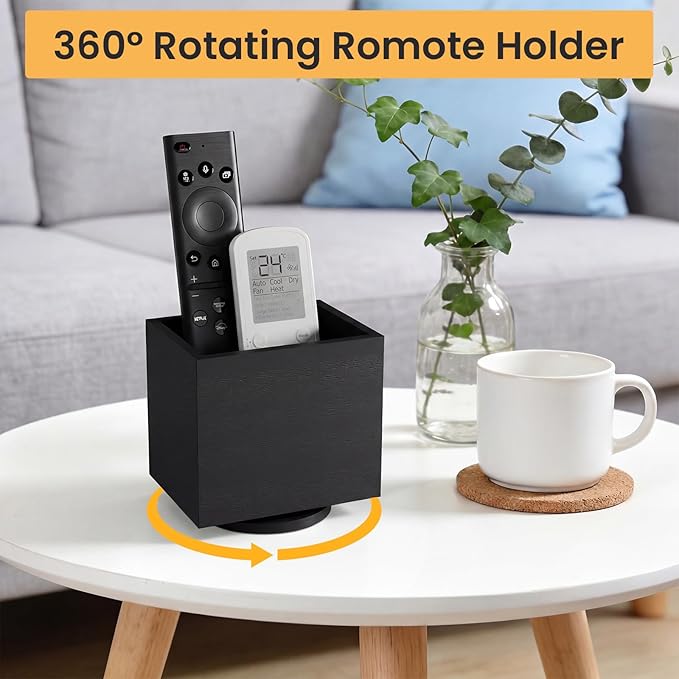 360° Rotating Remote Control Holder, Wooden TV Controller Holder, Remote Holder for Table, Desktop Caddy for Pen, Phone, Small Item Home Office School(Black)