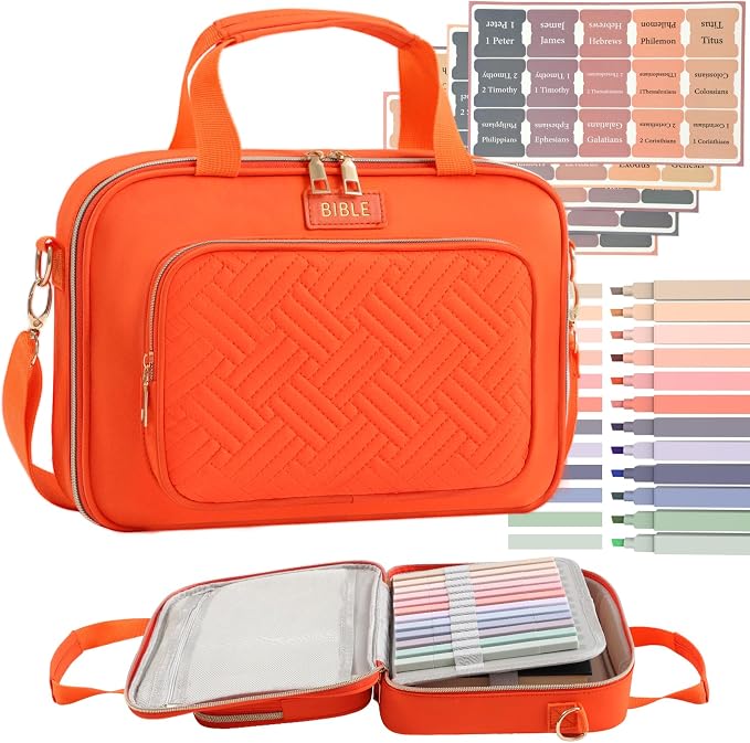 Bible Cover for Women Bible Case, Large Bible Bag, Bible Study Supplies Bible Journaling Kit Book Carrying Case with Bible Highlighters Tabs, Valentines Day Christian Gifts for Women (Orange)