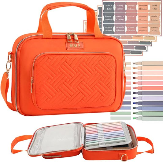 Bible Cover for Women Bible Case, Large Bible Bag, Bible Study Supplies Bible Journaling Kit Book Carrying Case with Bible Highlighters Tabs, Valentines Day Christian Gifts for Women (Orange)