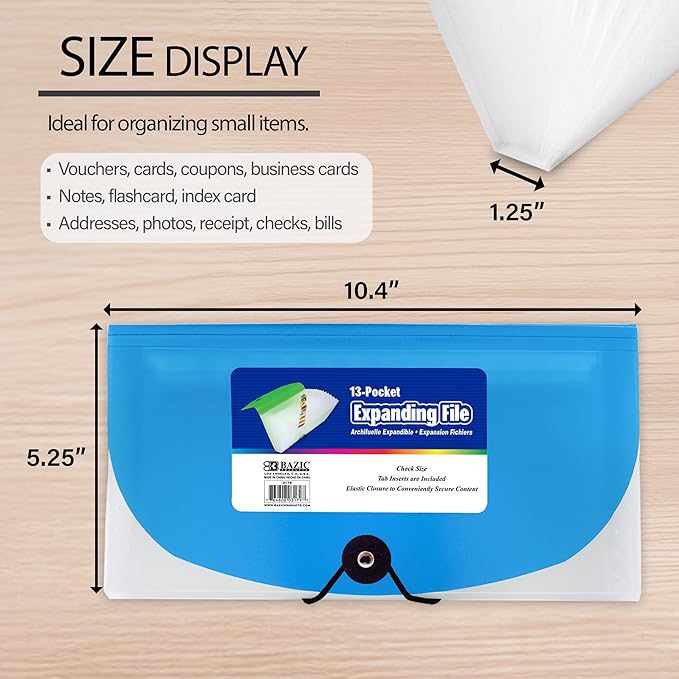 BAZIC Products Expanding File Folder 13 Pockets, Coupon Size Plastic File Folders w/Color Tabs Pocket, Home Office Supplies, Check Bills Receipts Organizer, 72-Packs