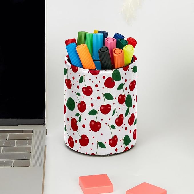 Pen Holder for Desk, Cherries Leather Desk Organizer Makeup Brushes Cup, Pen Cup Pencil Holders, Desktop Supplies and Accessories, Office&Home Organizer