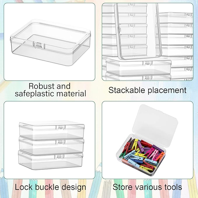Dunzoom 25 Pcs Plastic Crayon Boxes with Lids, 4.53 x 3.35 x 1.1 Inches Stackable Small Storage Organizer Containers Crayon Pencil Case for Art Crafts Jewelry Beads Office Supplies(Clear)