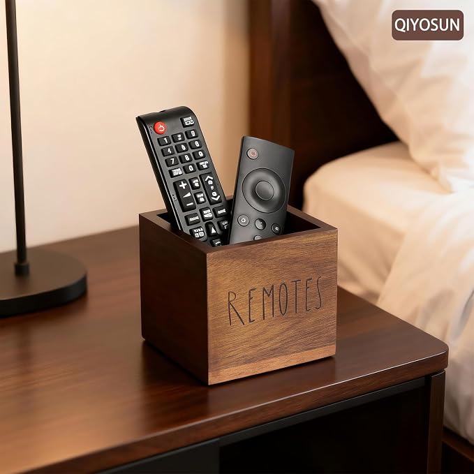 Remote Control Holder, Farmhouse Wood TV Organizer for Table, Wooden Remote Control Organizer, Remote Storage Caddy, Remote Control Organizer (Brown, 3.5 Inch-Labeled REMOTE)