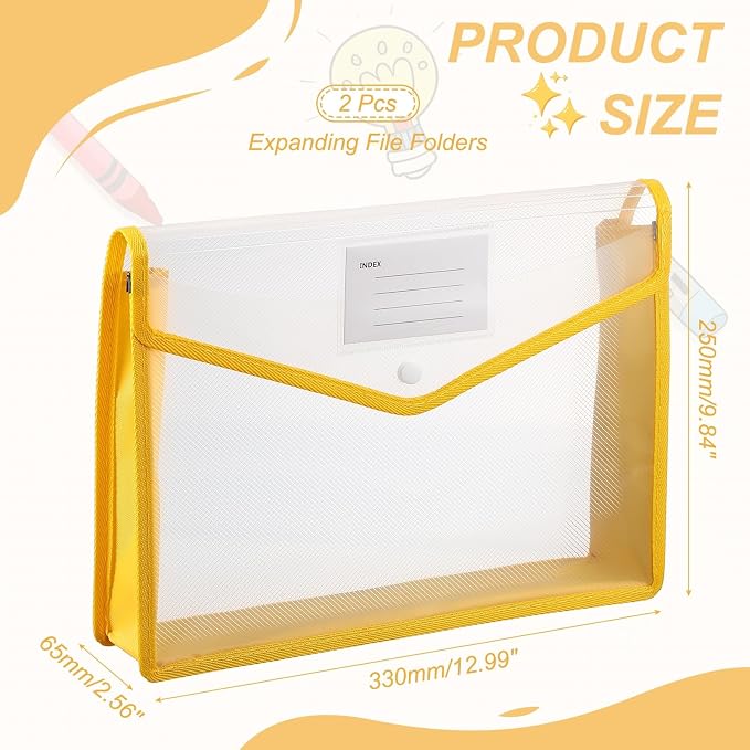 PATIKIL Plastic Expanding File Folders, 2 Pack A4 File Folder Envelopes Letter Size Document Organizer Supplies with Snap Closure for Classroom Office, Yellow, Horizontal