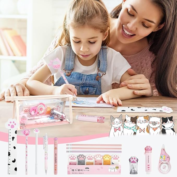 13 Pcs Cute Cat Paw Stationery Set, Kawaii Cartoon Mini Pencil Roller, Retractable Eraser, Correction Tape, Push Up Dotting Pens, Ruler, Sticky Notes, Highlighters for Kids Cat Lovers