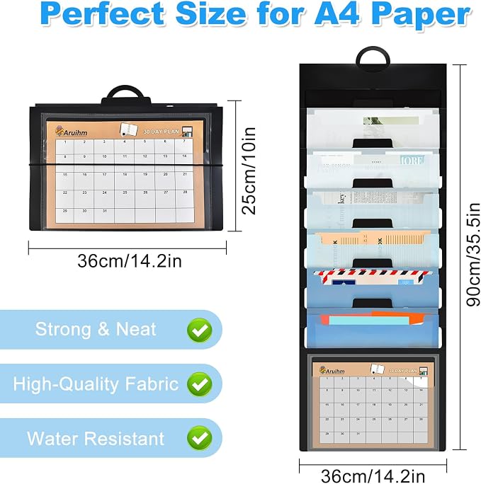 Wall File Organizer 6 Pocket, Hanging Wall File Organiser for Classrooms and Offices, 6 Removable Poly Hanging File Folders Black/Blue