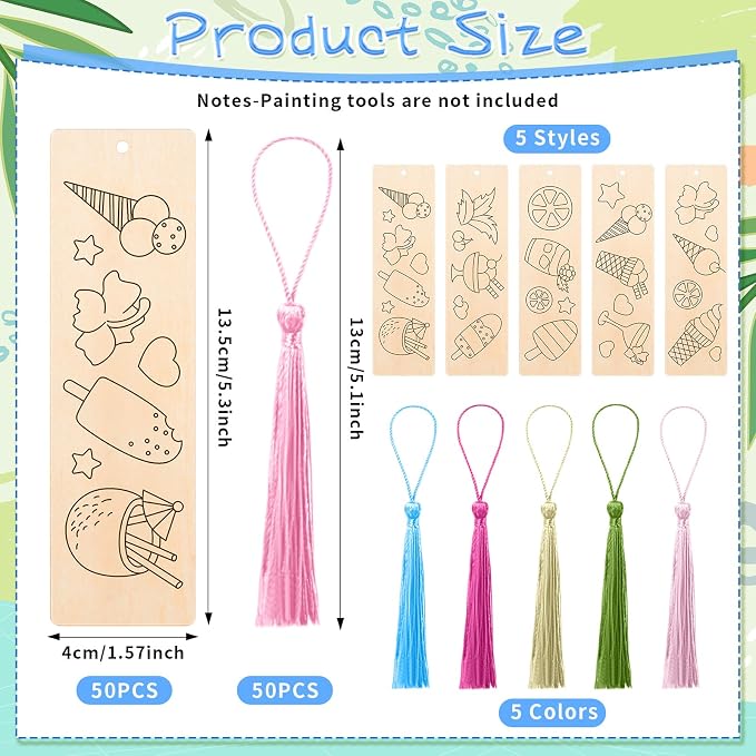 AmazingSpark 100 Pcs Ice Cream Wood Bookmarks Bulk DIY Crafts Kit, 50 Set Summer Blank Coloring Bookmarks with Tassel for Classroom Reward Gifts, End of Year Gifts, Summer Birthday Party Favor