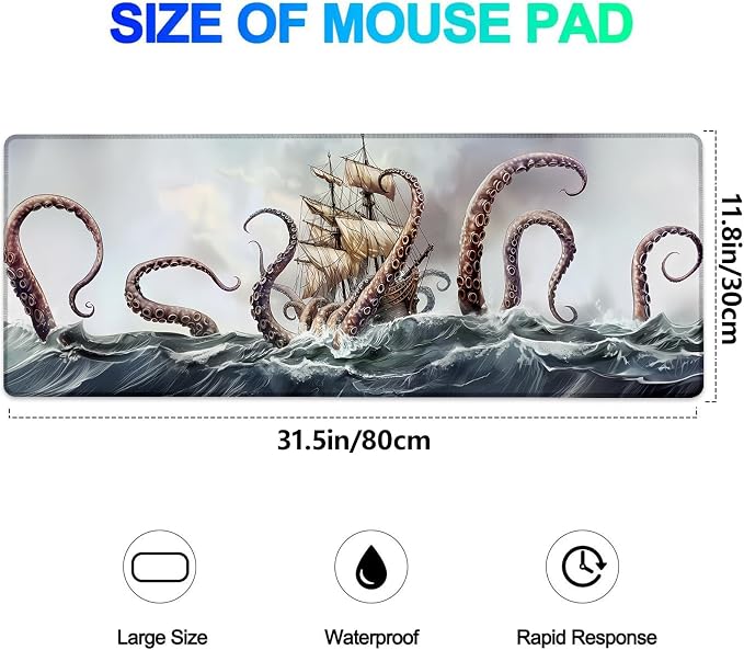 Octopus Attack Gaming Mouse Pad, Extended Nautical Sailboat Design Desk Mat Computer Laptop Mousepad, Robust Stitched Edges, 31.5"×11.8" Large Office Keyboard Mouse Pads for Desktop Decor
