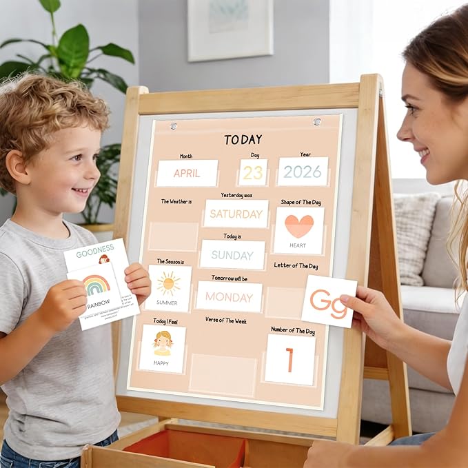 Calendar Pocket Chart for Kids, 21.5"H×14.25"L, 155 Laminated Cards with Back Storage Pocket, Early Education Teaching Supplies