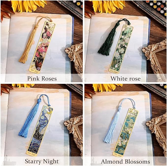 icceemee 8 Pieces of Gold Hollow Bookmarks with Tassels, Featuring Van Gogh and Monet Oil Painting Themes Perfect for Book Lovers, Writers, Readers, Children, Teenagers, Men, Women, and Adults