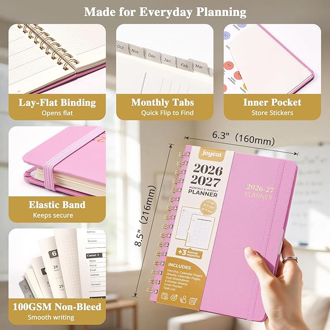 JoyCat Academic Planner 2026-2027, July 2026 - June 2027, A5 Weekly & Monthly Planner, Hardcover Agenda with Tabs, 5 Sticker Sheets, Elastic Closure & Pocket for Teachers & Students, 6.3" x 8.5", Pink