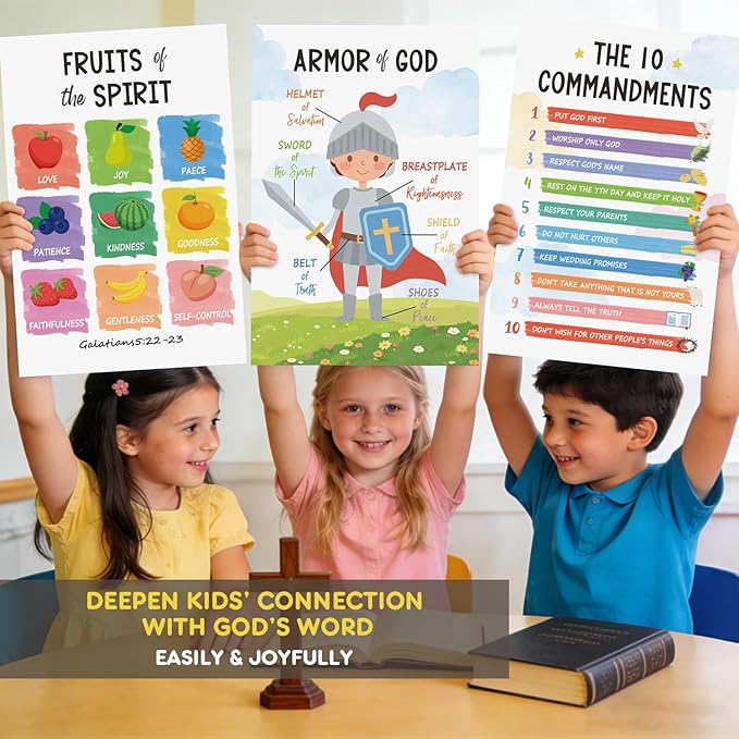 12 PCS Kids Bible Education Posters Set (11x17") - Biblical Learning Charts for Sunday School Classroom Christian Religious Home Wall Decor, Books of the Bible, 10 Commandments & More