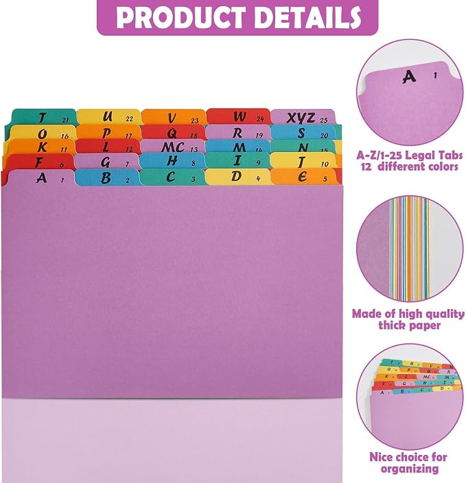 1 Set A-Z Alphabetic and Number Top Label Files, Legal Size, 25 Sheets File Dividers 1/5 Cut Label File Cabinet Dividers Desk Organizer for Office, Home and School (Rainbow)