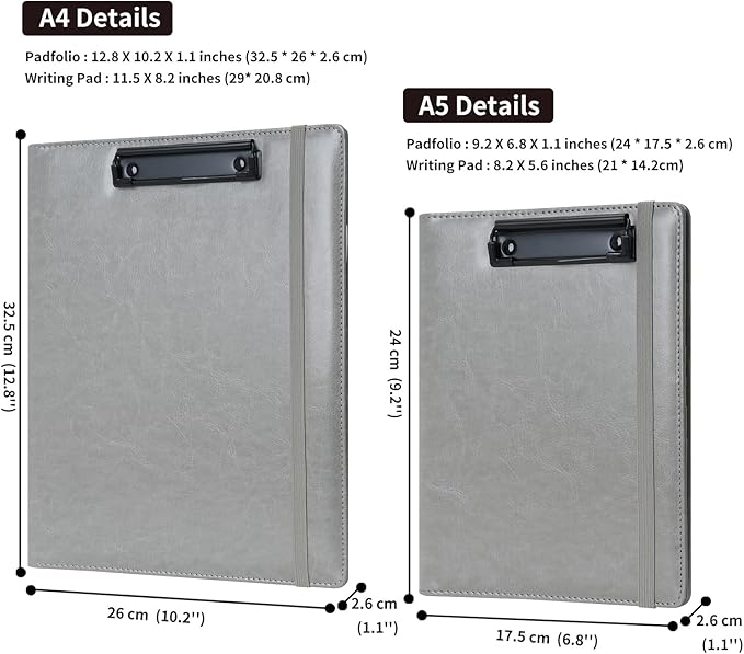 Wonderpool A4 PU Leather Clipboard Partfolio Notepad Forms Holders Document Case - Interview Planner Meeting Writing Padfolio File for Office Travel School Hotel (Grey, A4)
