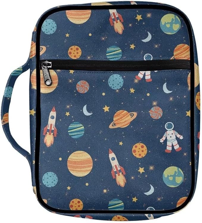 Coldinair Cartoon Bible Covers Bag for Kids,Outer Space Astronaut Carrying Book Case Church Bag Bible Holder with Handle and Zippered Pocket