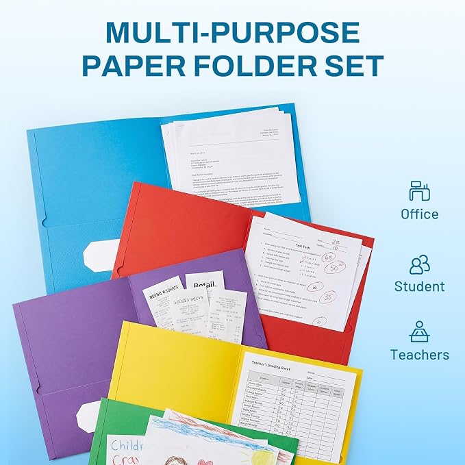 SUNEE Two Pocket Folders, 50 Pack File Folders with Business Card Slot, Assorted Colors, Textured Paper, Fit Letter Size Paper, Paper File Folder for School Office Home Business