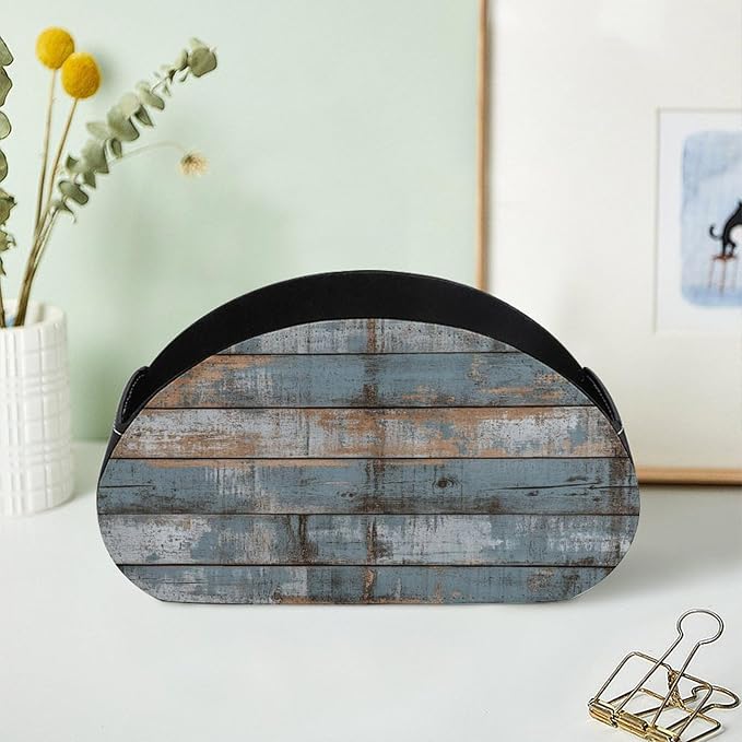 Rustic Weathered Horizontal Planks Wood Remote Control Holder with 5 Compartments Leather TV Remote Caddy Remote Storage Box Desktop Organizer for Pen/TV Remotes/Media Controllers/Office Supplies