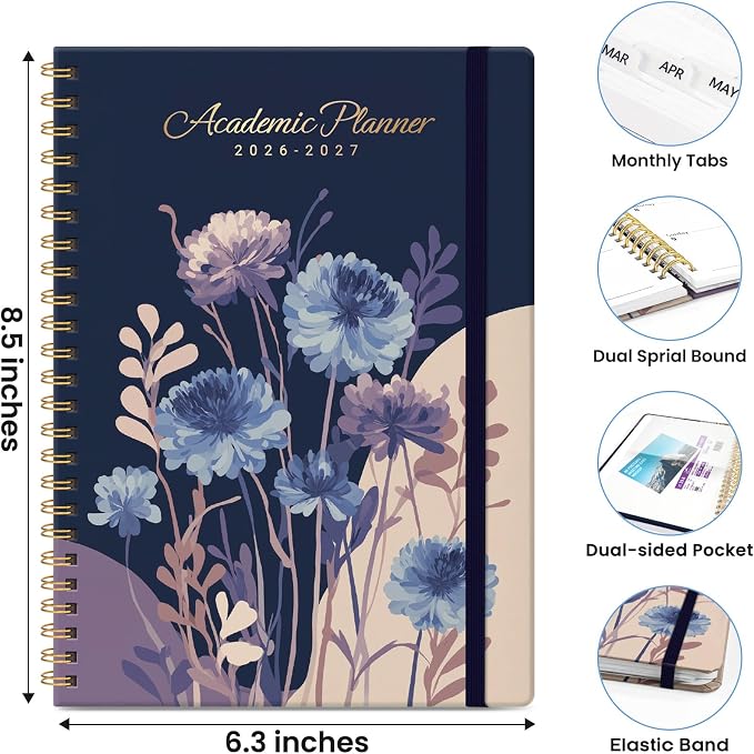 Planner 2026-2027, Monthly and Weekly Calendar Academic Planner July 2026 - June 2027, Hardcover Student Teacher Planning Agenda Book with Tabs, Perfect for Office School Supplies, A5 (6.3" x 8.5") - Midnight Blooms