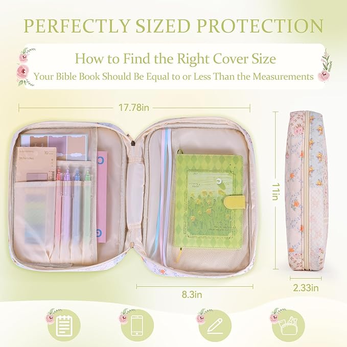 Bible Cover Case for Women Large Quilted Bible Carrying Bag with Handles Bible Study Supplies & Accessories Christian Gifts for Women(Spliced Flower, M)