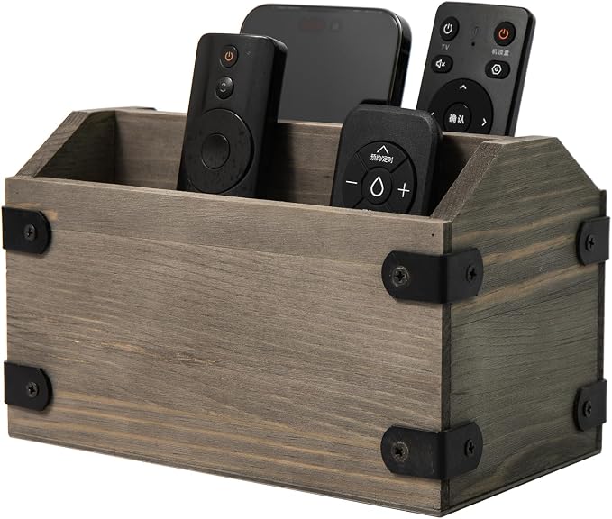 Stone Gray Wood Remote Control Organizer Wooden Tabletop Storage Caddy Two Compartment Holder TV Game Consoles Sorter Cell Phone Kitchen Utensils Office Supplies Living Room Home Bedroom