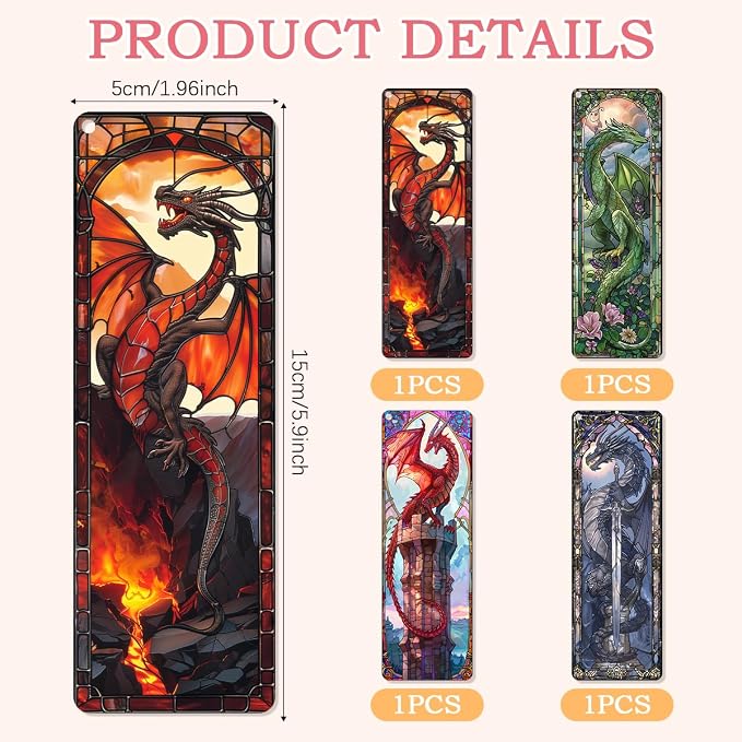 4 Pcs Stained Glass Dragon Bookmarks Gifts for Women Men, Transparent PVC Bookmark with Tassels, Cool Book Lovers Accessories, Unique Reading Book Marks for Bookish Office School