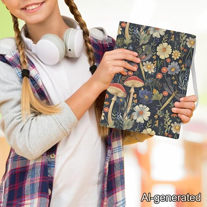 Dreaweet Mushroom Floral Book Cover Sleeve Protector for Women Girls Stretchable Floral Print Book Sleeve Protector Hardcover Book Socks Back to School Gifts Up to 9 x 11 Inch