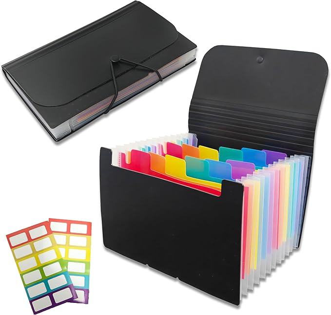 3x5 Index Card Holder, Flashcard Organizers, 13 Pockets Small Expanding File Folder for Notecard Check Sticker Coupon Organizer（2 PCS,Black Rainbow）