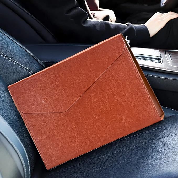 VANRA 1 Piece File Folders PU Leather Expanding Document Holder File Jacket Filing Envelope for A4 Letter Size Paper with Invisible Magnetic Closure Brown