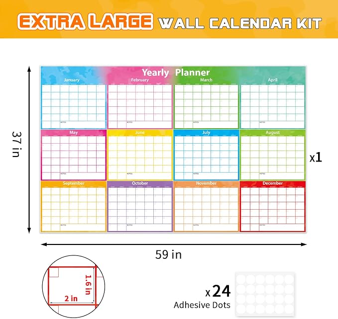 Large Wall Calendar Dry Erase,MoShining, Extra Large 59 x 37 Inch Watercolor Foldable Poster, Reusable Planner for Wall, Colorful Organizer for Office Home Classroom