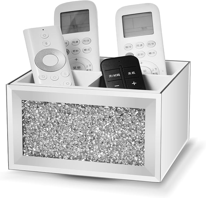 360 Rotating TV Remote Control Holder Caddy Storage for Table, Silver Bling Crushed Diamond Organizer for Pens and Pencils, Make Up Brushes