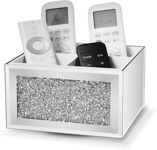 360 Rotating TV Remote Control Holder Caddy Storage for Table, Silver Bling Crushed Diamond Organizer for Pens and Pencils, Make Up Brushes