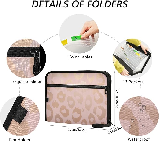 Metallic Rose Gold Animal Print Pattern Expanding File Folder with Sticky Labels, 13 Pockets Accordion File Folder Document Organizer Expandable Zip File Folder with Zipper Closure