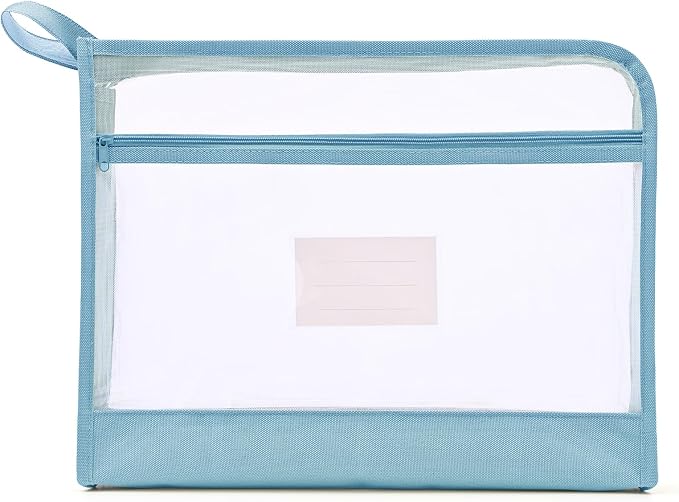 Mesh Zipper Pouch Bag with Handle, A4 Sized Double-Layer Clear Nylon Document Bags with Label, 14 x 10 in File Storage Organizer for School Office Travel Supplies (Blue)
