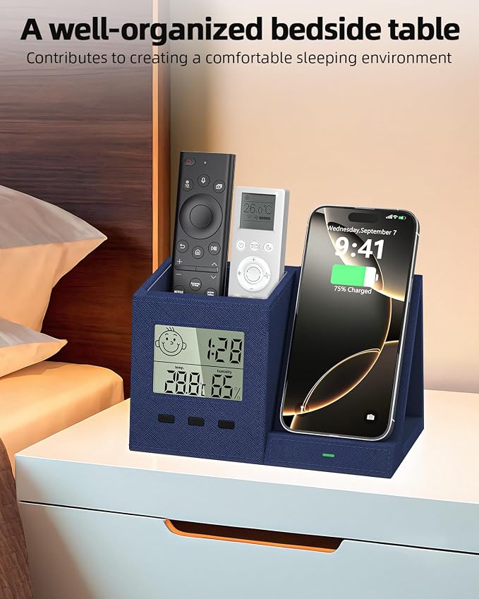 Multifunctional Pen Holder and Organizer for Desk with Wireless Charger, Digital Indoor Thermometer and Humidity Gauge, Home Office Organizers and Storage (Battery Included)