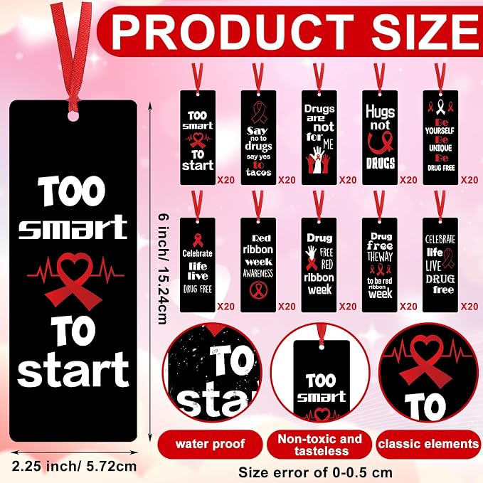 Cholemy 200 Pcs Red Ribbon Week Awareness Bookmarks Say No to Poison Bookmarks Too Smart to Start Book Marks Motivational Tags for Red Ribbon Charity Event Party Decoration, 10 Designs