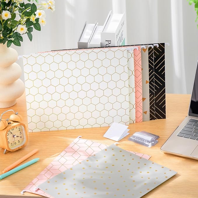Estune 32 Pcs Decorative Hanging File Folders Letter Size Cabinet File Folders Organizers with 1/5 Cut Adjustable Tabs for Office Desk School Filing Cabinet Home(Geometric)