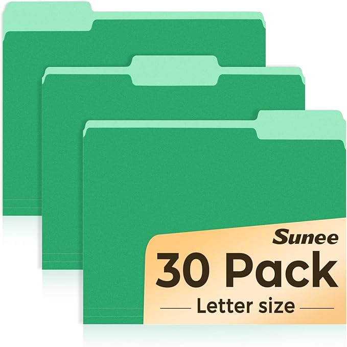 SUNEE File Folders, 30 Pack Manilla Folders 8.5 x 11, Colored File Folders Home Office School Supplies for Documents Files Paper, Green