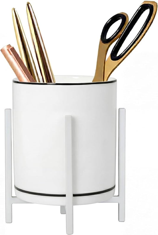 Desk Ceramic Pencil Cup with Metal Legs, Ceramic Pencil Cup, Black and White Pen Holder Cup for Office, Desk Decor for Women Girls, Cute Makeup Brushes Holder
