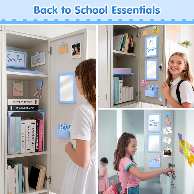 MoKo 17PCS Locker Accessories for Girls, Cute Locker Accessories Kit with Mesh Shelf, Magnetic Dry Erase Board, Mirror, Marker Holder, Marker, Plush Rug, Magnets, Lockers Decor for School/Work, Blue