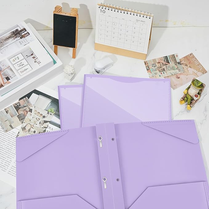 Henoyso 36 Pcs Plastic Folder with Clear Front Pocket and 3 Prong Plastic Folders with Card Slot Pocket Folders with Prongs for School Office (Light Purple)