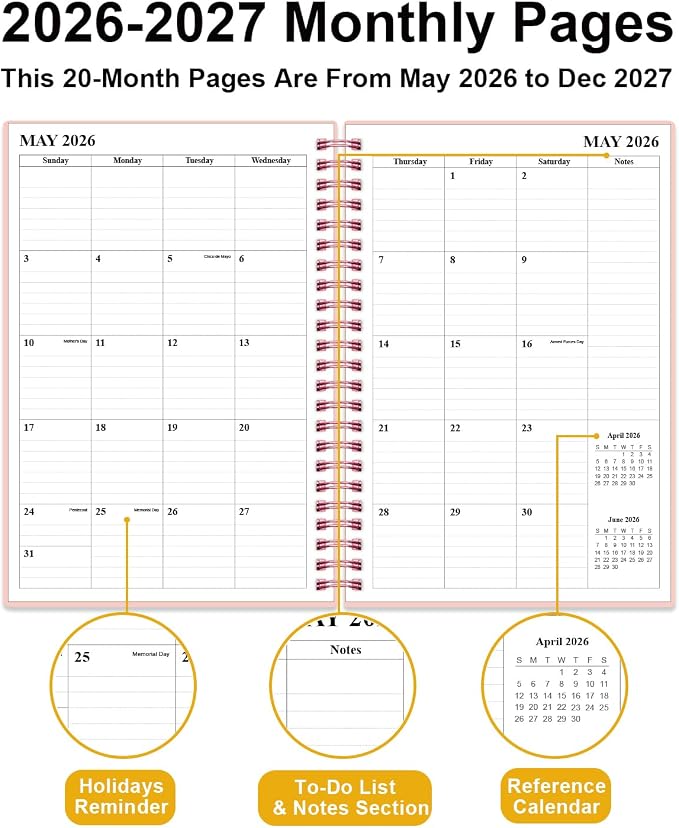 Monthly Planner 2026-2027 – Monthly Calendar from May 2026 to December 2027, 20 Month Planner with Spiral Binding, Inner Pocket, Elastic Closure, 5.8" x 8.5", Pink